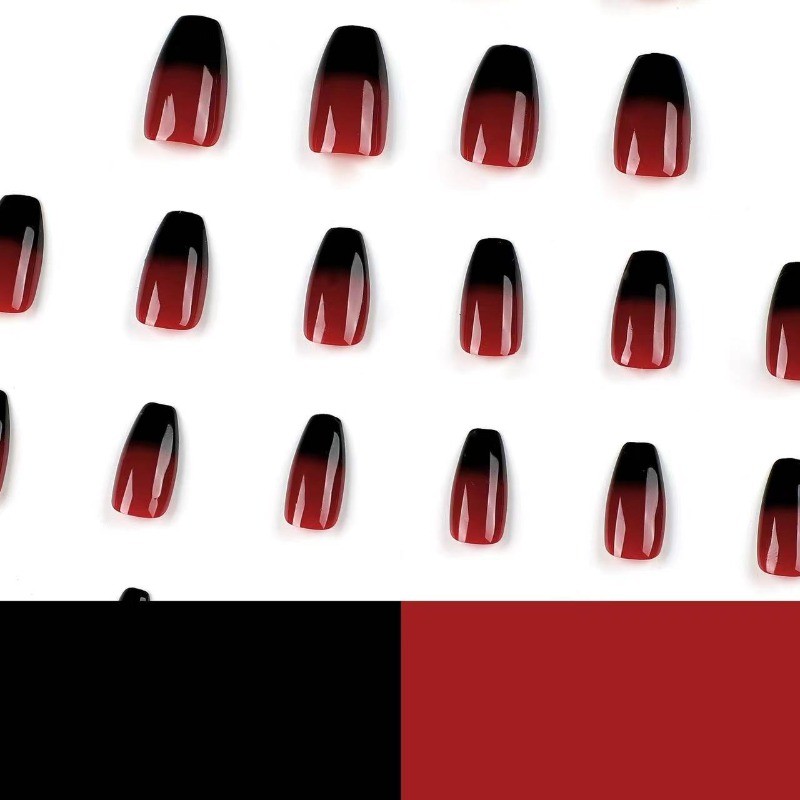 48pcs-Edgy Gradient Nails, Press on Almond with Black and Burgundy Ombre