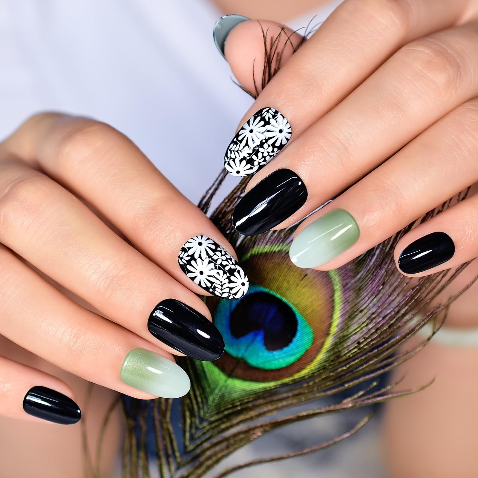 Pre-design Press On Nails Glossy Black Green False Nails Medium Long Nail Art…
