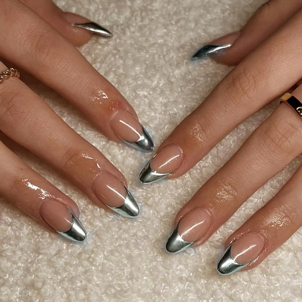 Glazed Donut Silver Gray French Tip Press on Nails Almond, Brown French Chrome N