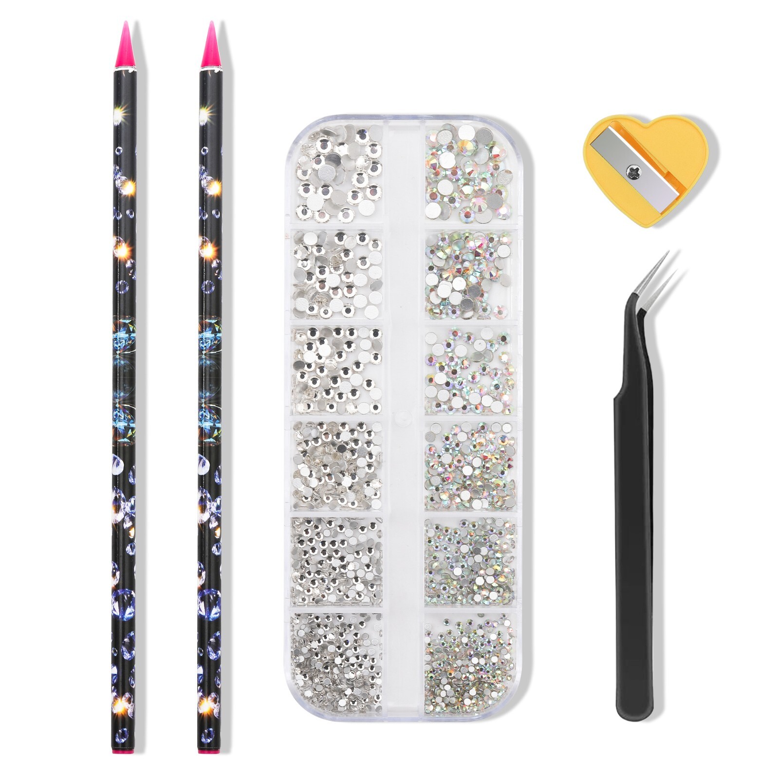 12 Grids Nail Art Rhinestones Kit + Pick up Pen + Tweezers for Nail Art Decorati