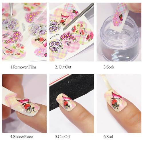 24PCS Floral Nail Stickers Pink Blue Flowers Nail Stickers Water Transfer