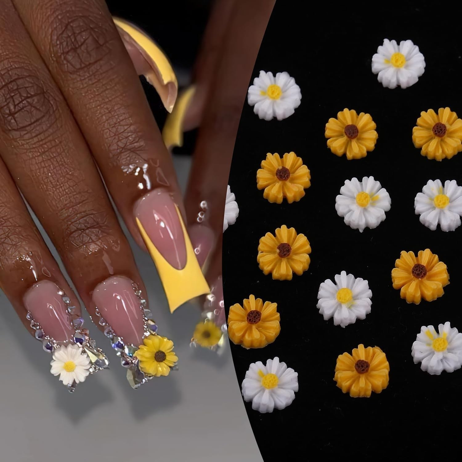 Cute Cartoon Bee Nail Charms 60Pcs Resin Daisy Flower Rhinestones for Nails