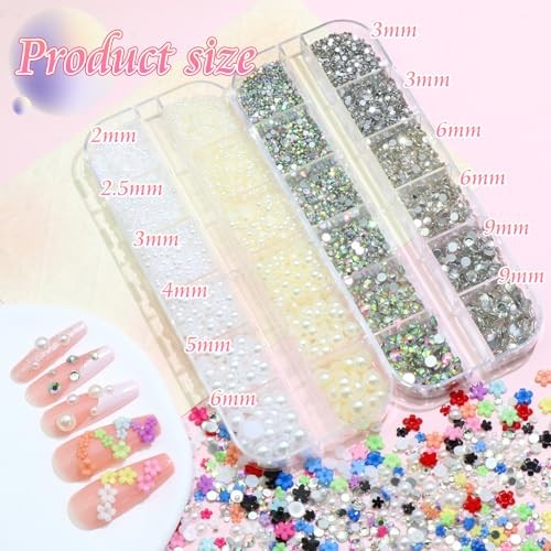 Colorful Flower Nail Charms White&Beige Flatback Pearls for Nails Multicolor