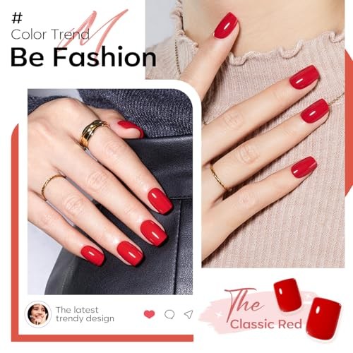 Red Press on Nails for Women, Short Square Fake Nails, Reusable A8-Classic Red