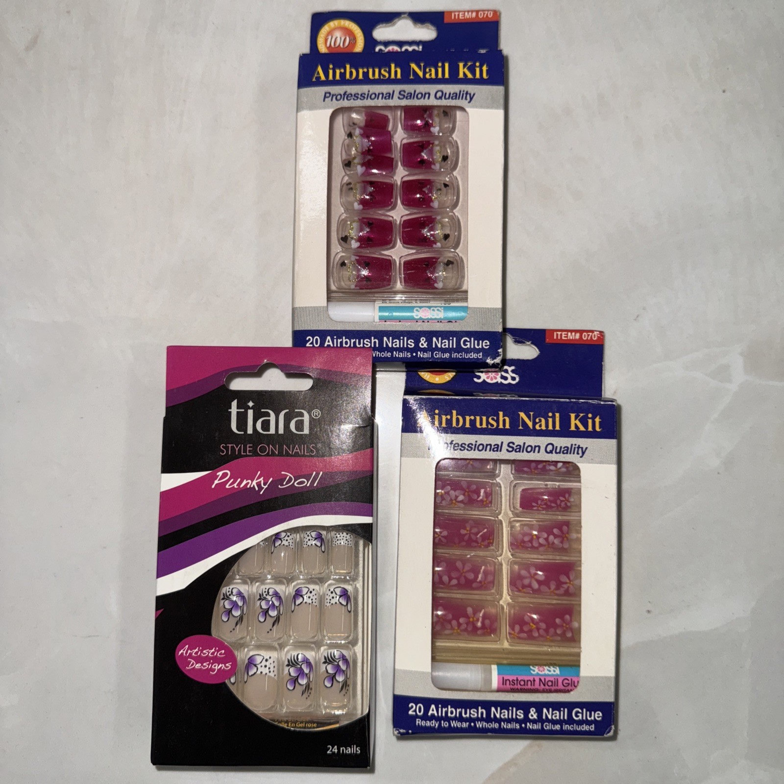 3 pack PARTY NAILS- 1 touch Press On Pre-Glued, 12 fake nails, Short Lenght