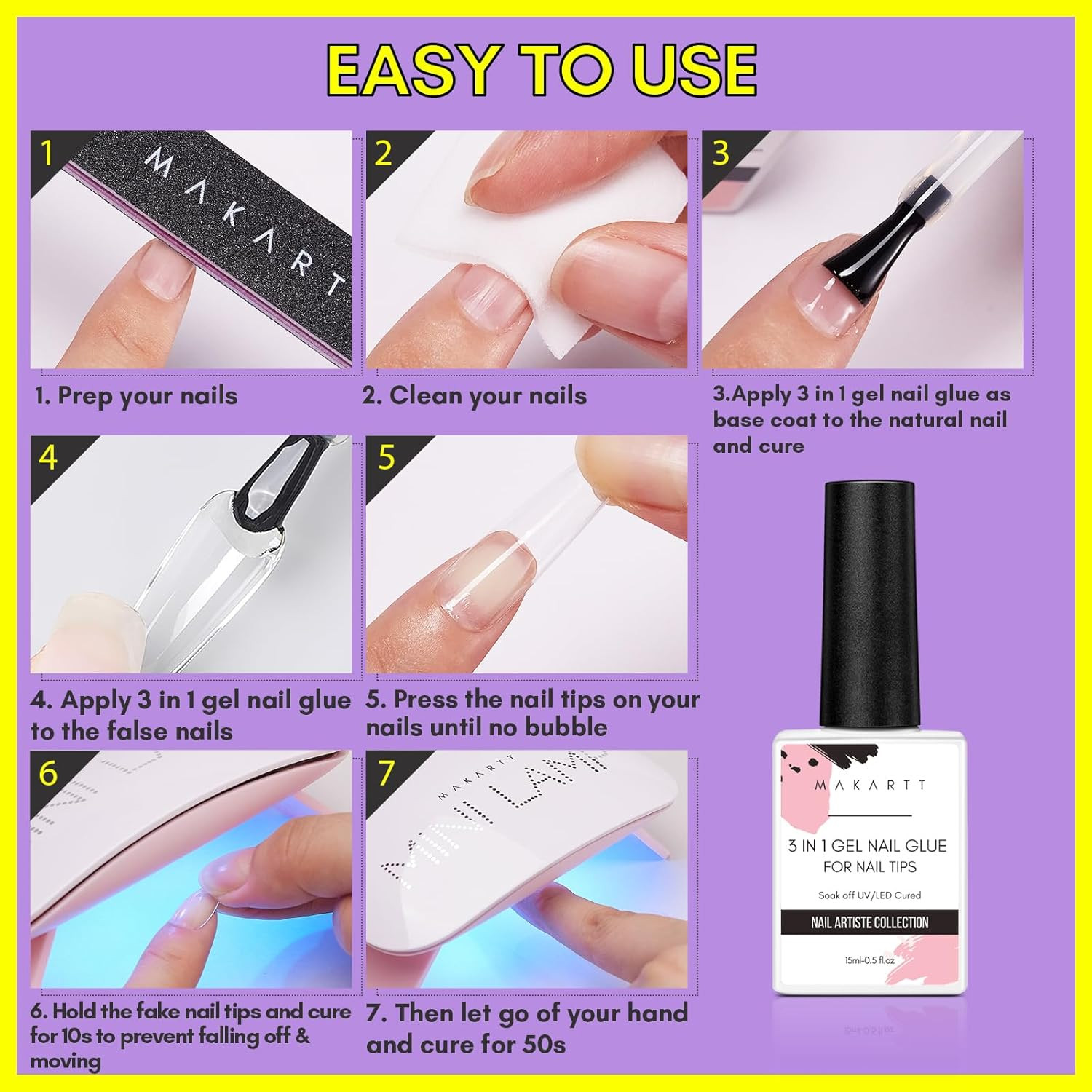 Gel Nail Glue 3 in 1 15ml Brush On for Acrylic Nails Tips Rhinestones