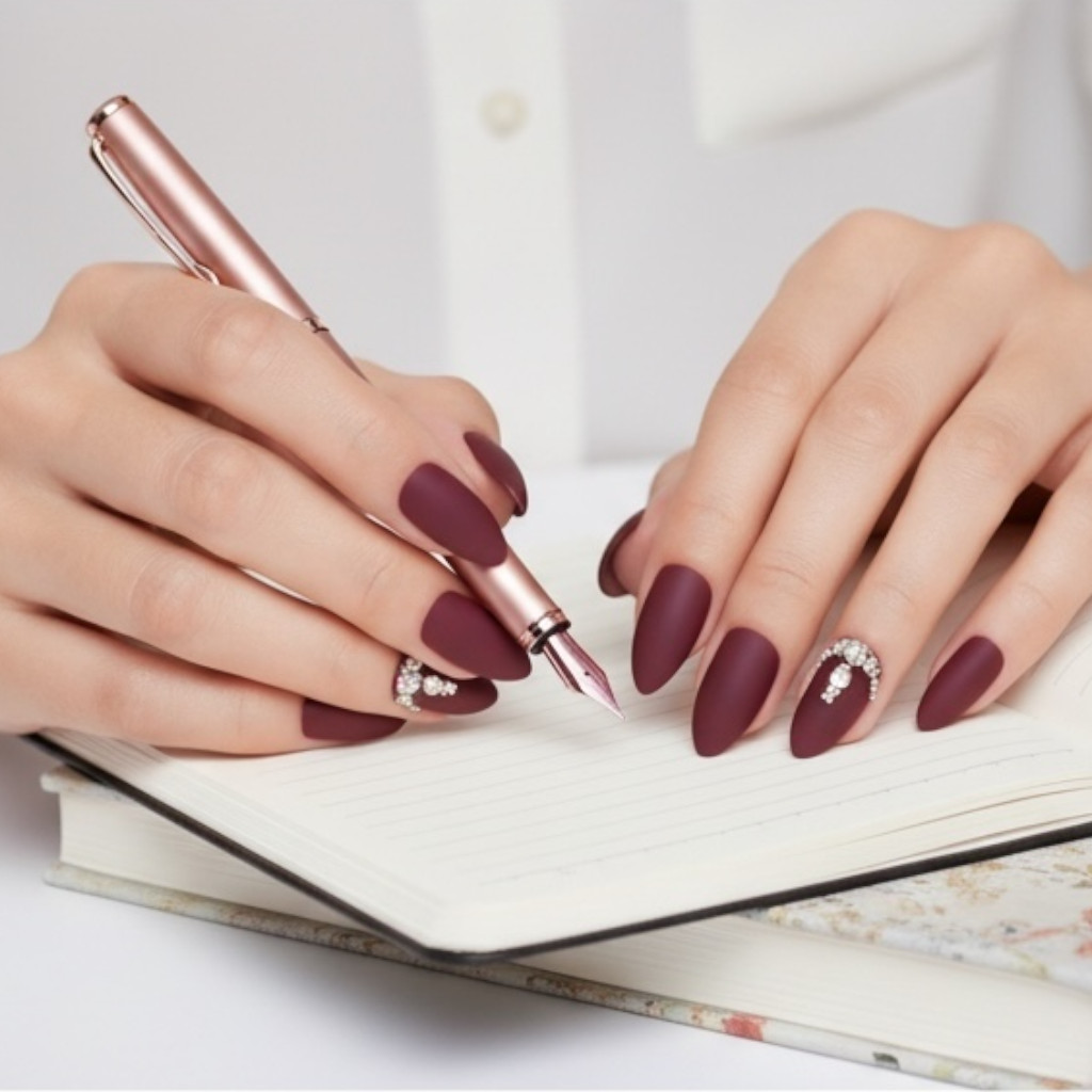 Diamond Red Burgundy 3D Crystal Design Matte Stiletto Long Press On Nails Set