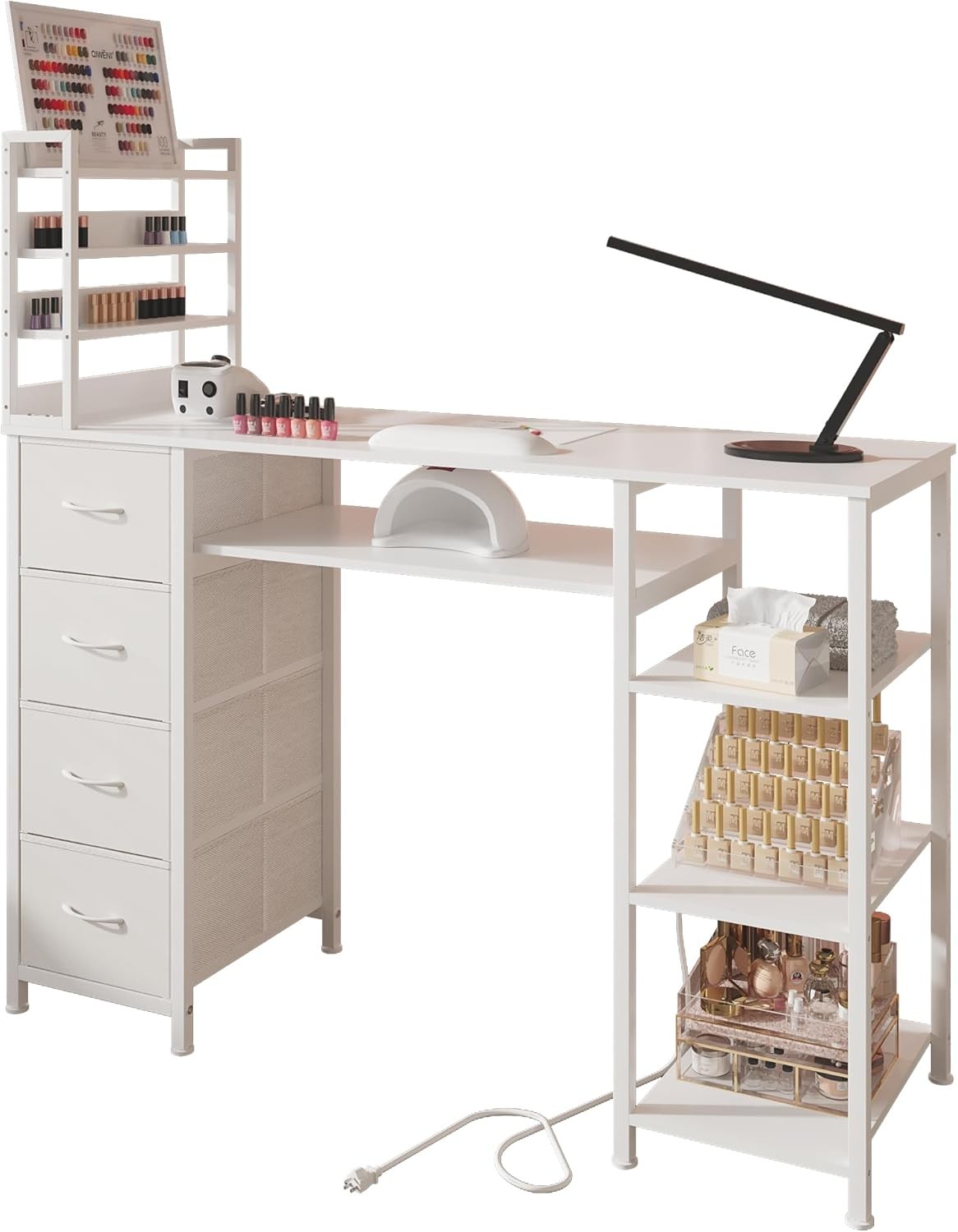 Nail Tech Desk with Power Outlet Storage White