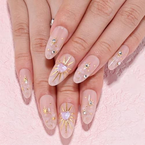 3D Boho Stars Gold Press On Nails Almond Medium 30 Pieces (Pack of 1) Q-1029