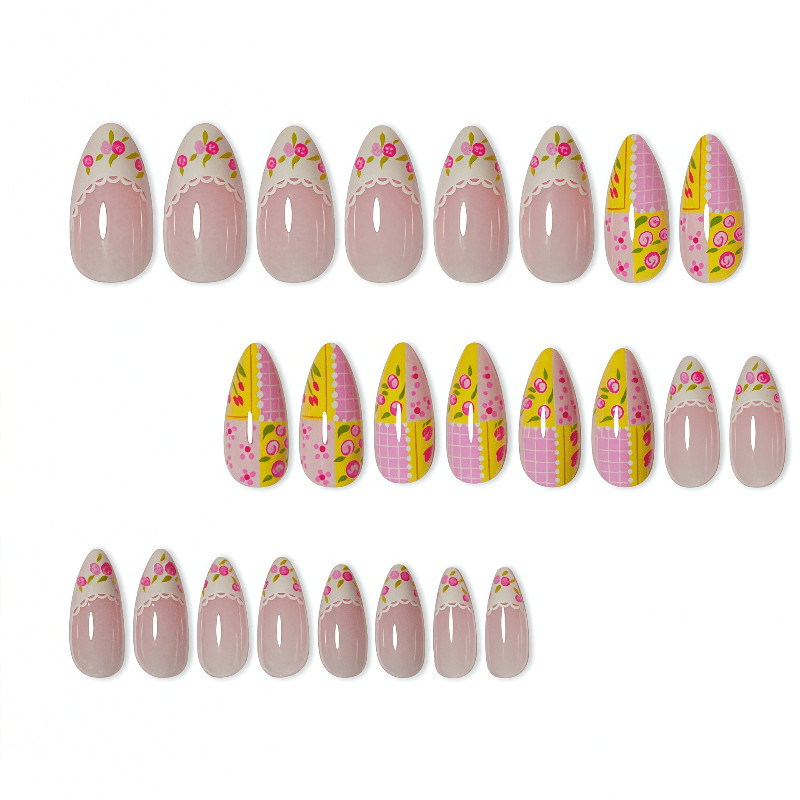 48Pcs-Medium Almond Pink Lace Hand Painted Rose Cake Design Cute Press on Nails
