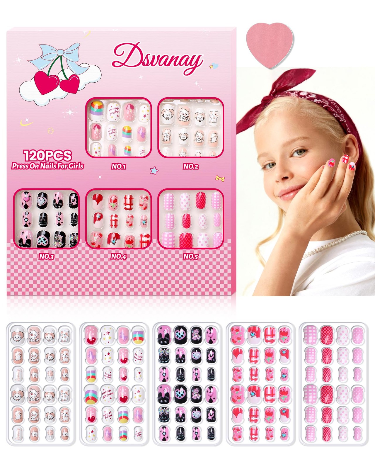 120PCS 5 Pack Press on Nails for Kids,Tweens Girls Soft Fake Nail Kit, Reusab…