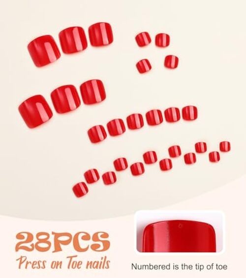 Red Press on Toenails Short Square, Glossy Fake Toe Nails Summer Red Toenails
