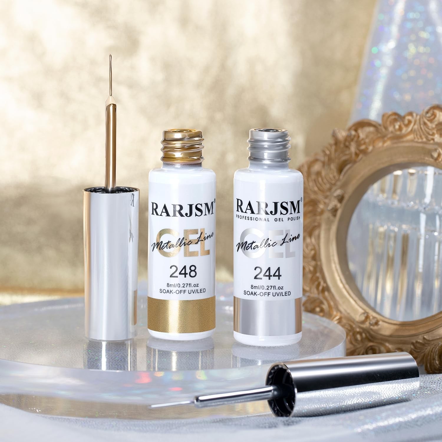 Metallic Gel Liner Nail Art Silver Bronze Gold 2Pcs Set Mirror Chrome 3D Effect