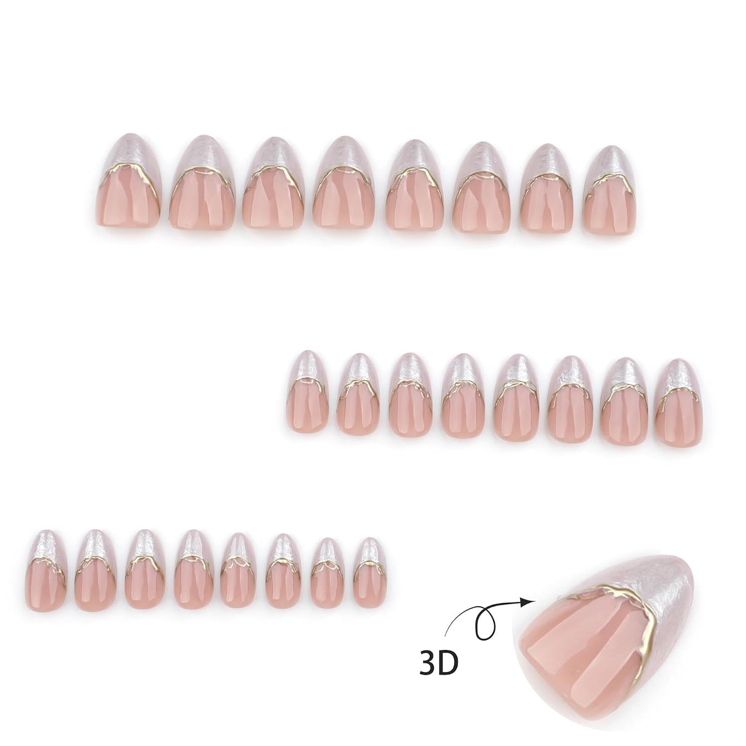 French Short Press on Nails Almond, Nude Fake Nails with Cloudy White French Tip
