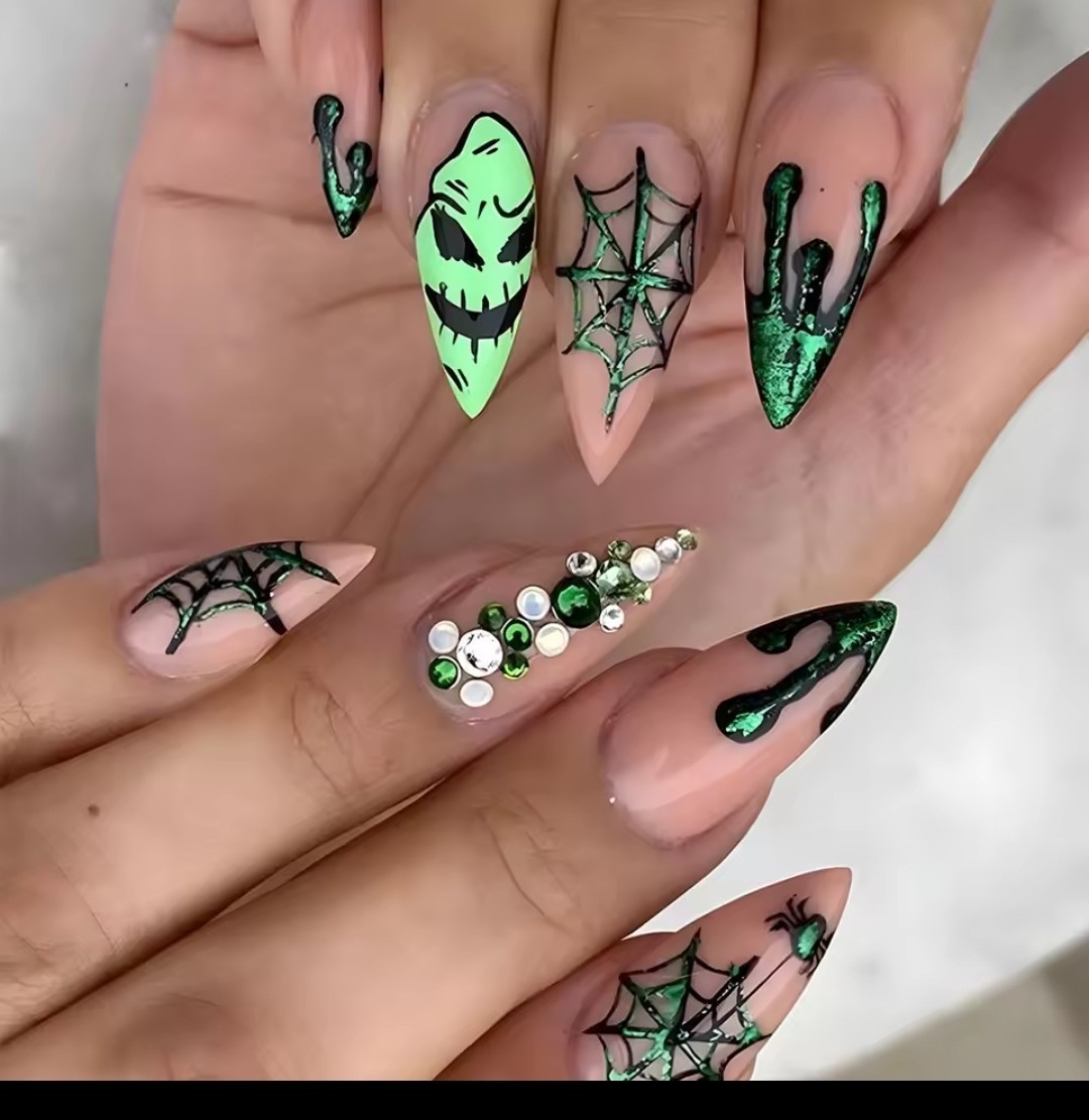 24pcs Halloween False Nails Glow in the Dark Ghost Spider Printed Press on Nail