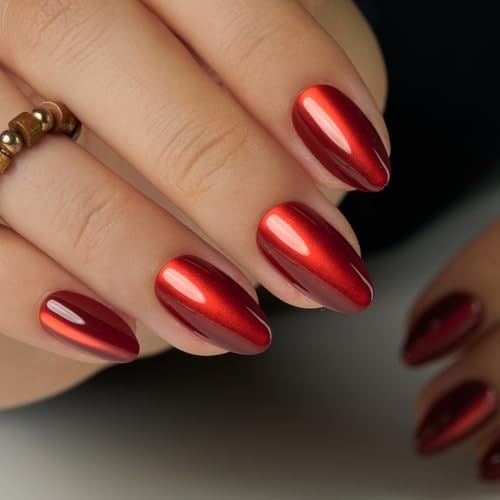 Soft Gel Almond Press On Nails – Medium Red Strip Cat Eye Almond Nails