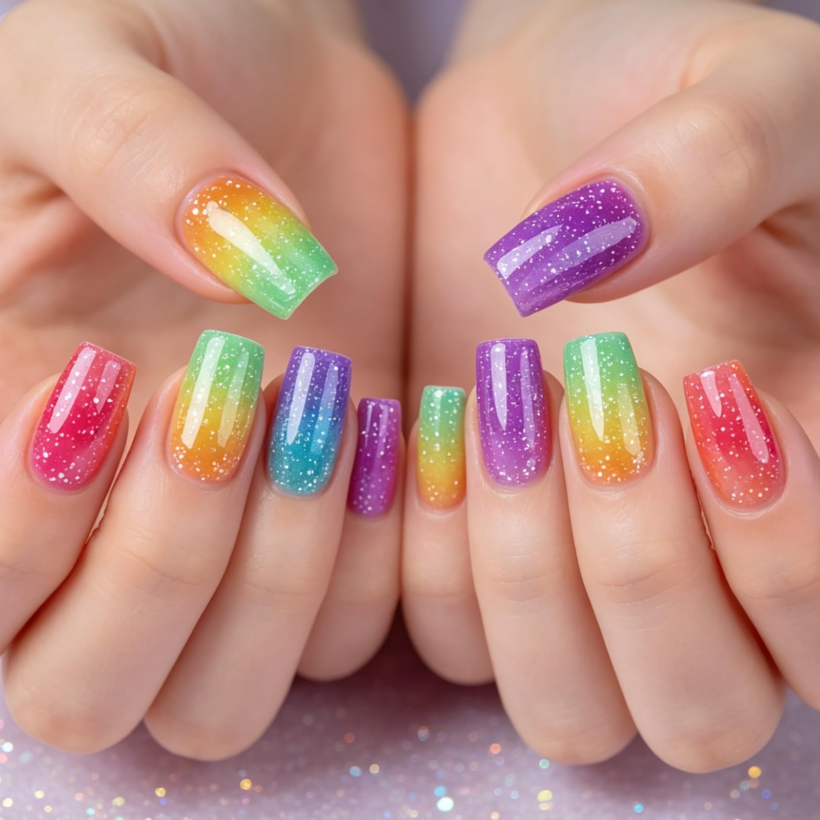 Tephrent 24pcs short square press on nails rainbow