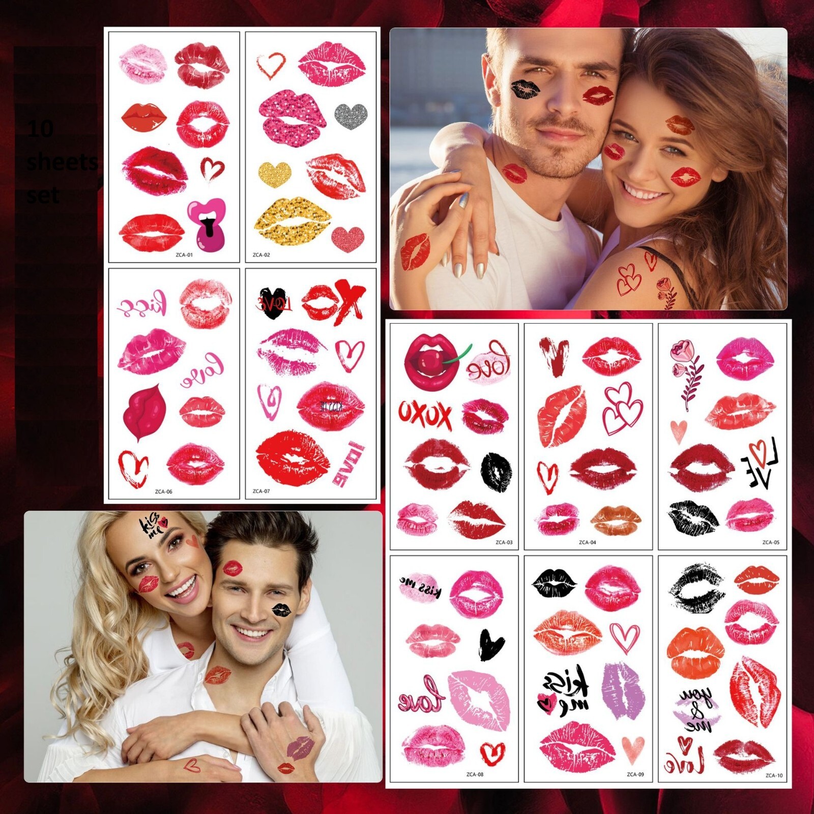 10Sheets Romantic Valentine Love Red Lips Nail Art Face Arm Body Stickers NH28
