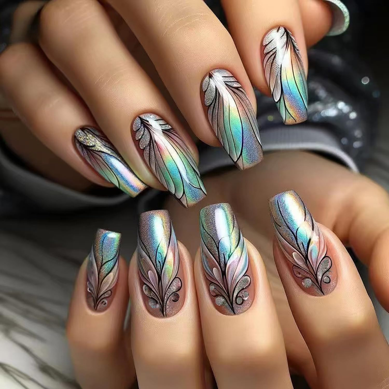 Rainbow Stripes Press on Nails Long Length Flower Love Heart Stripes Pattern Des