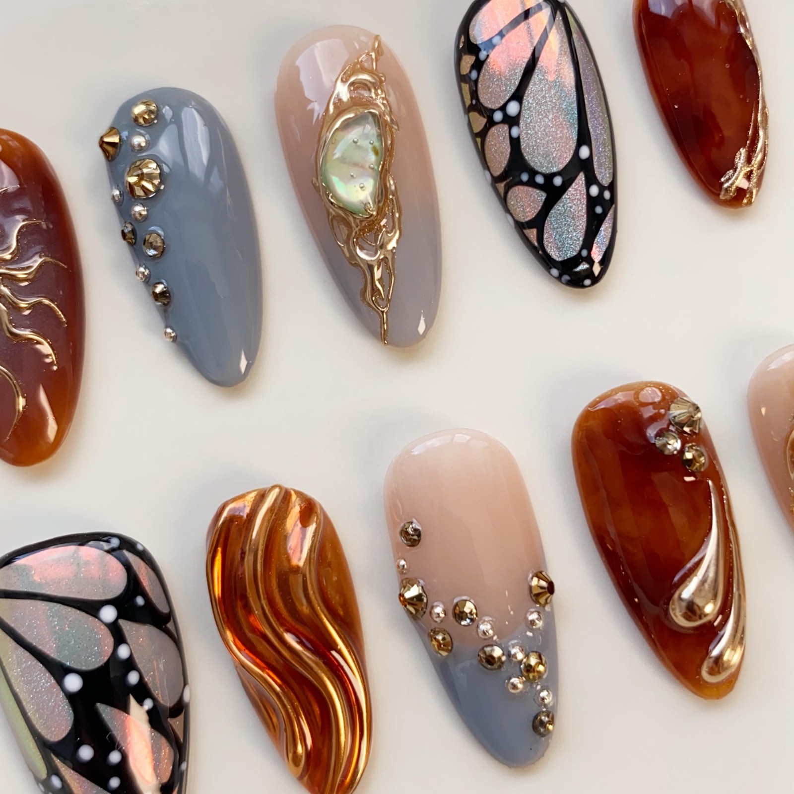 Custom Pure Handmade Nails Caramel Butterfly Gold Gem Vintage Western Manicure