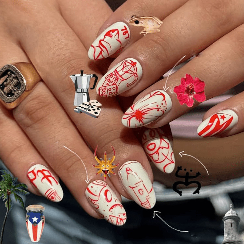 48P Long Almond Press on Nails, Puerto Rico Tribal Hand‑Painted Fake Nails