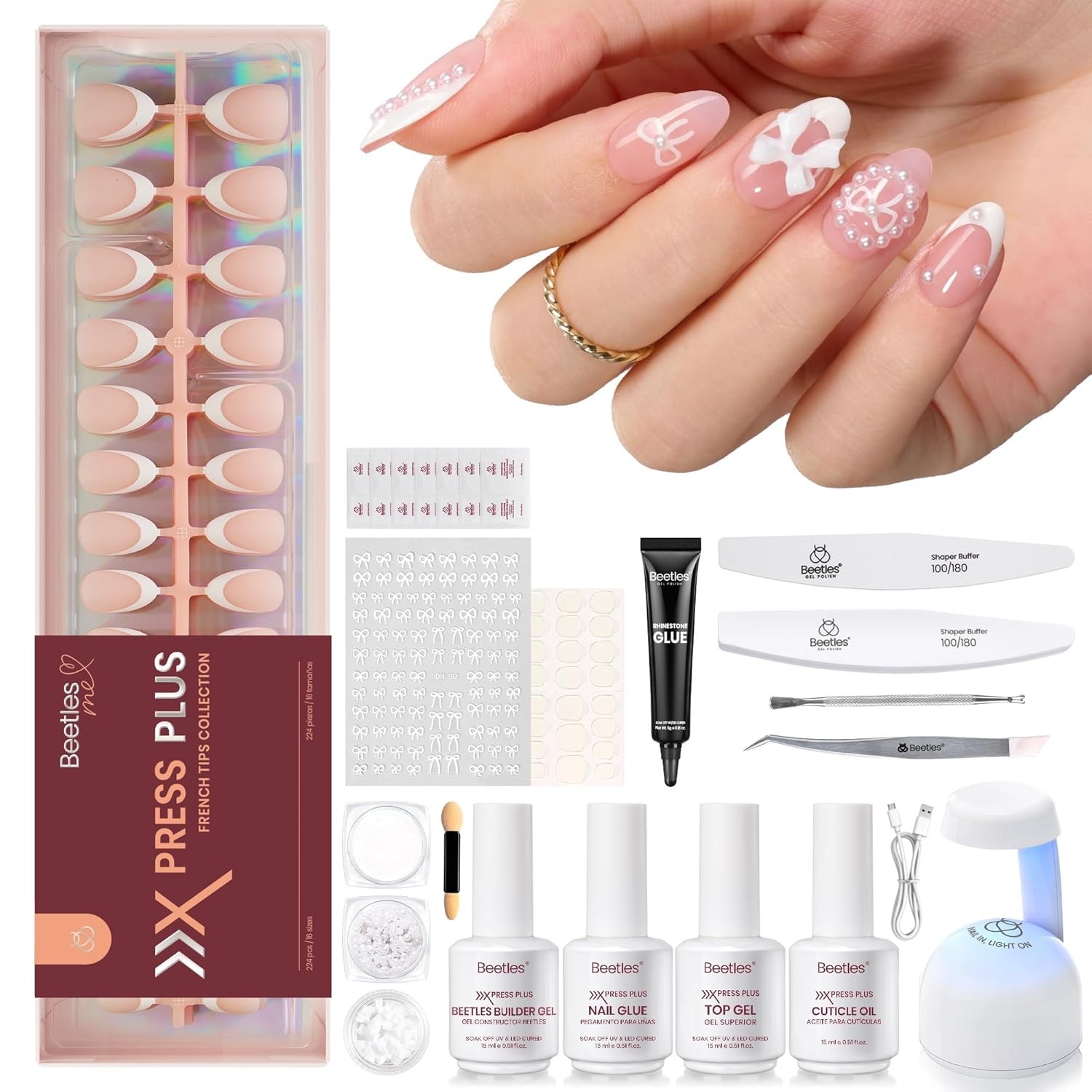 All-in-One Beetles Nail Kit: 224Pcs Short Almond Press-ons with Mini UV Light