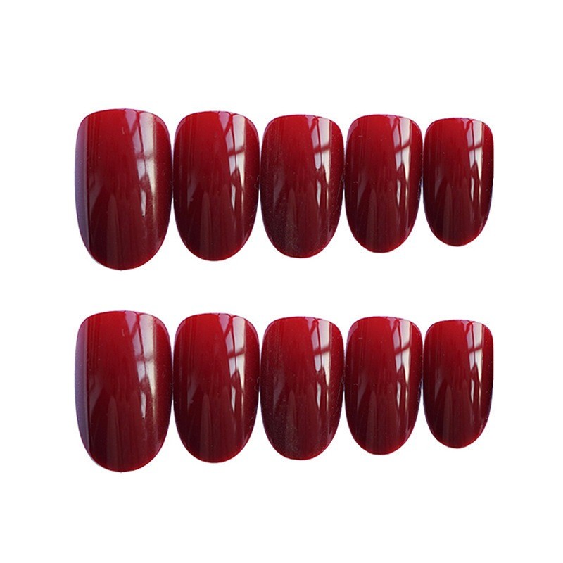 48pcs-Medium Almond Press on Nails, Glossy Burgundy Red Solid Color Fake Nails