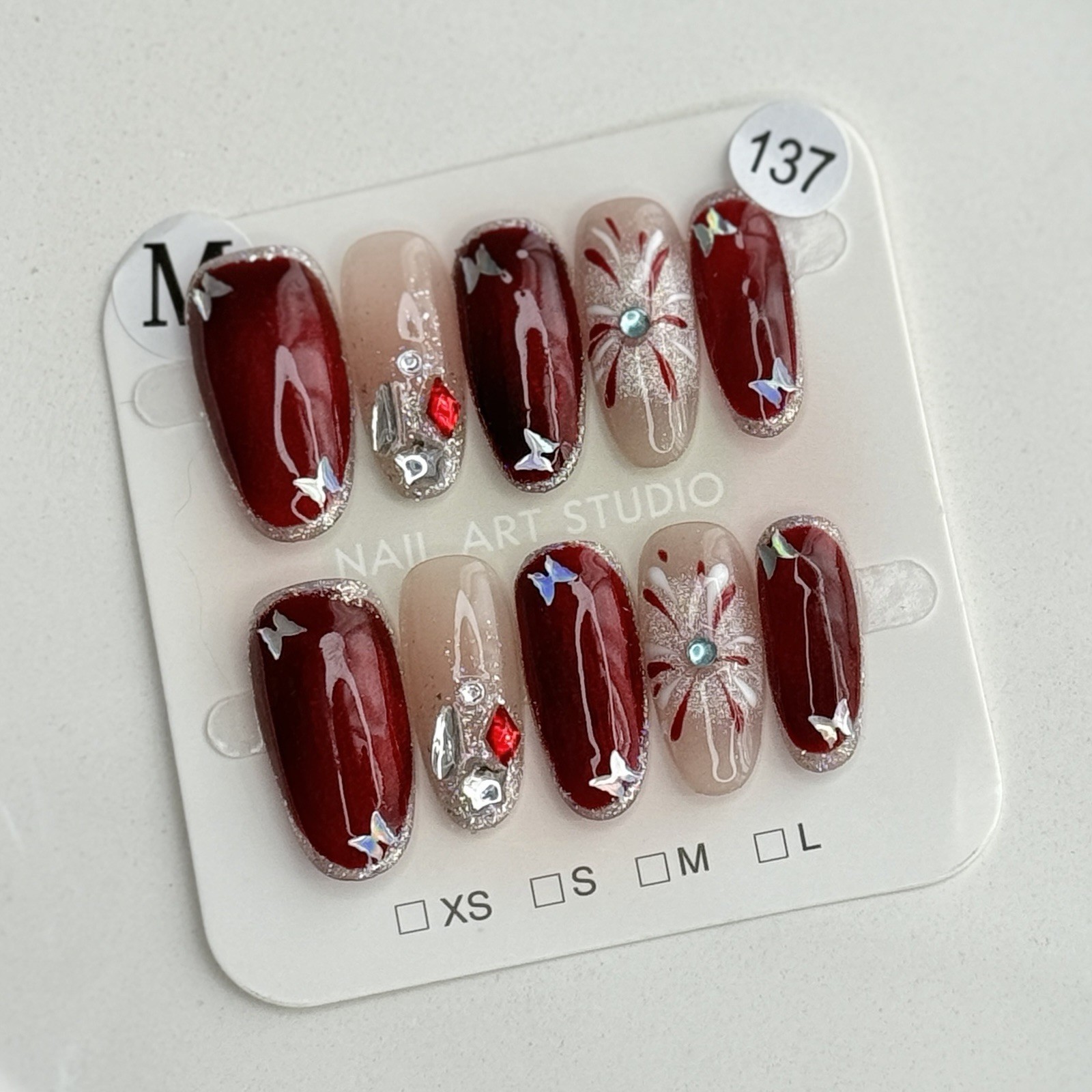Handmade Red Fireworks Butterfly Press-On Nails Medium Oval SizeM Reusable