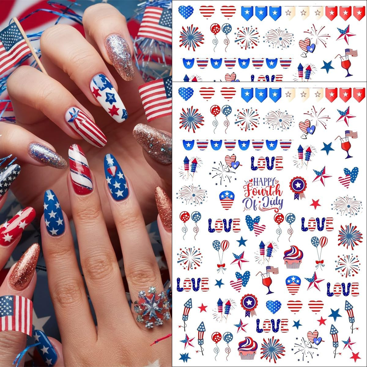 6 Sheets 4Th of July Nail Stickers for Nail Art 3D Self Adhesive Independence Da