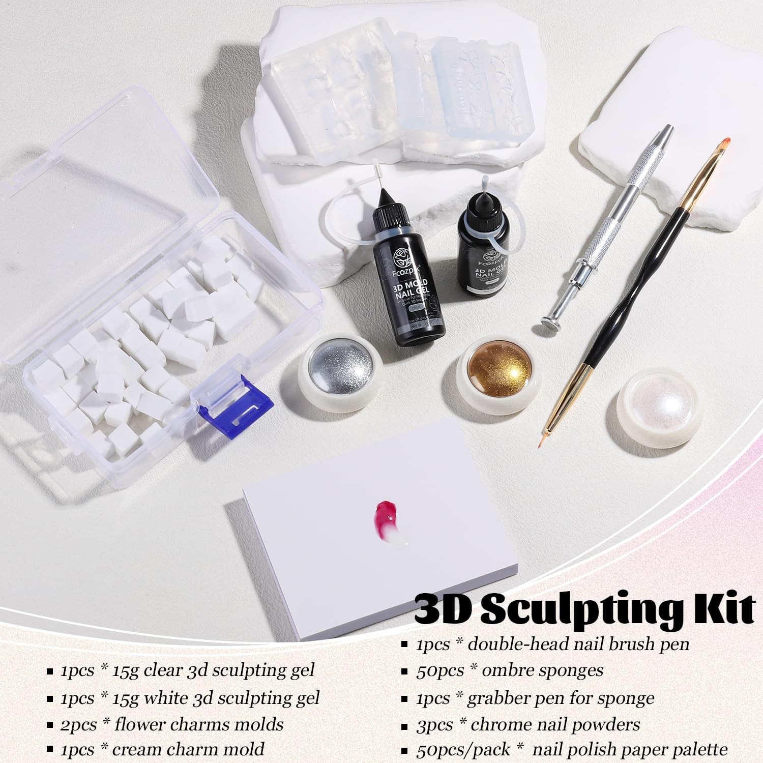 3D Gel Nail Art Starter Kit – 15ML Clear & White Sculpting Gel, Silicone Flower