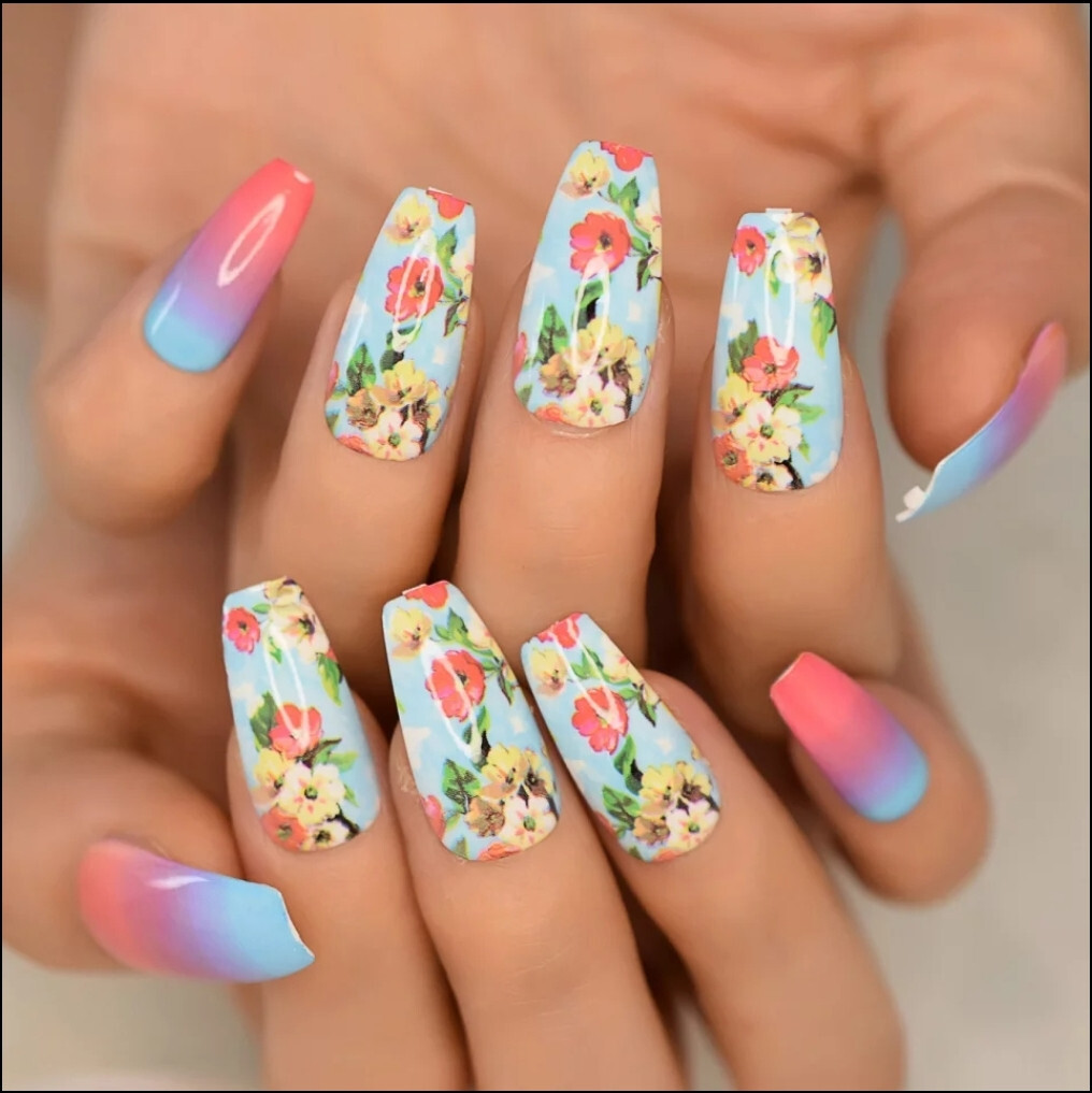 24 Press on nails kit w glue long coffin floral bright barbie pink
