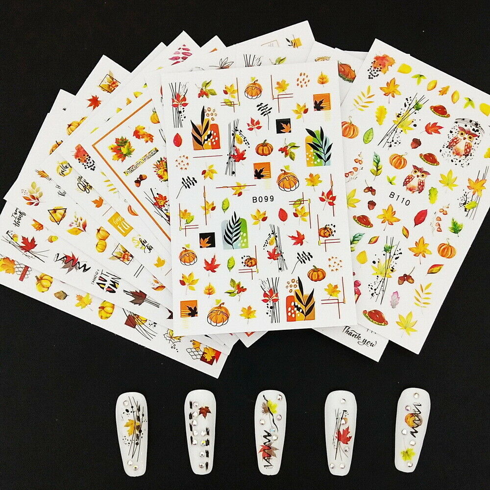 3D Autumn Leaf Nail Decal Turkey Thanksgiving Pumpkin Maple Fruit Stickers NH15