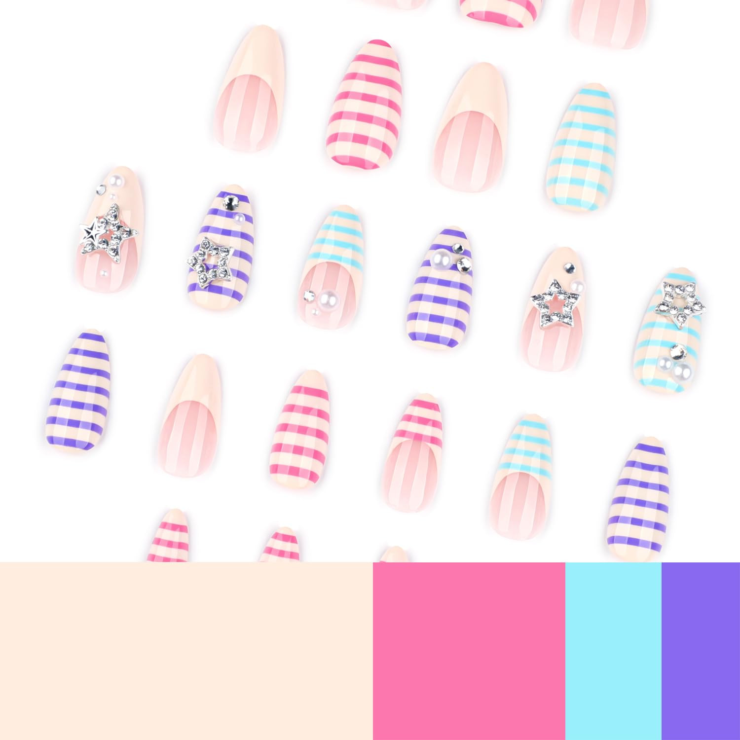 Soft Gel Press on Nails Medium Almond Colorful Stripe Design with 3D Star & Pear