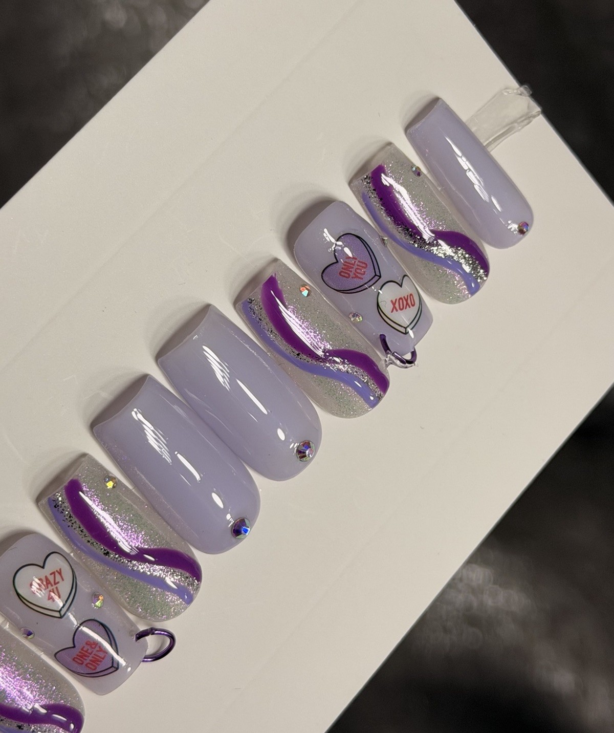 💜💎 CUSTOM Press On Nails PURPLE Heart BLING Rhinestones 10p SET W Kit