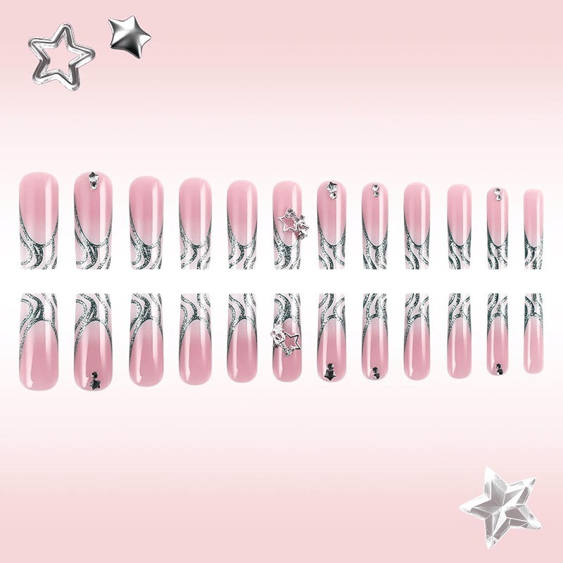 48 Sweet Pink Silver Star Fake Nails Removable Fake Nail Art, Suitable for Women