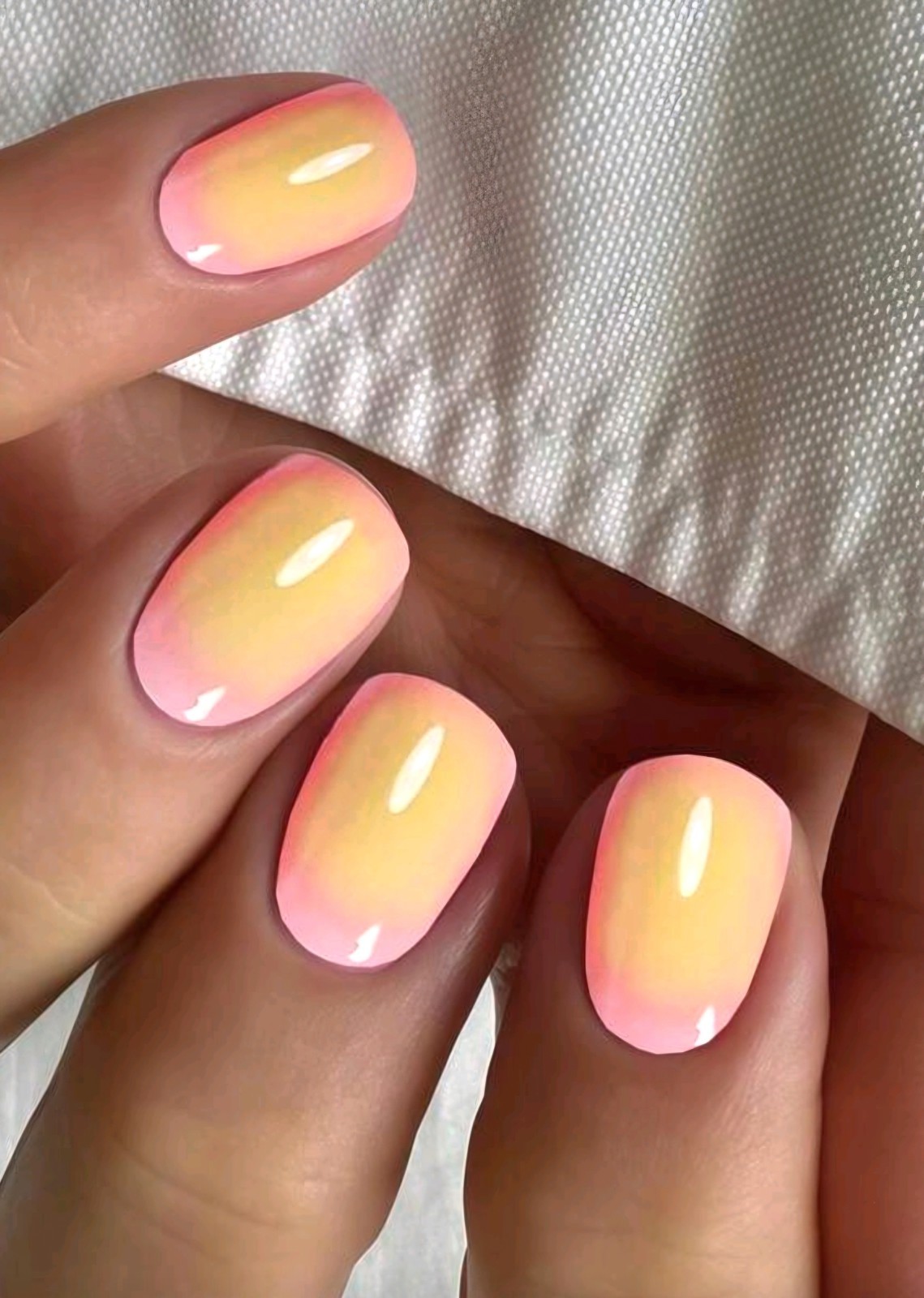 Press-On Nails Pink Yellow-Orange French Styled Ombre Short Shiny Squared Finish