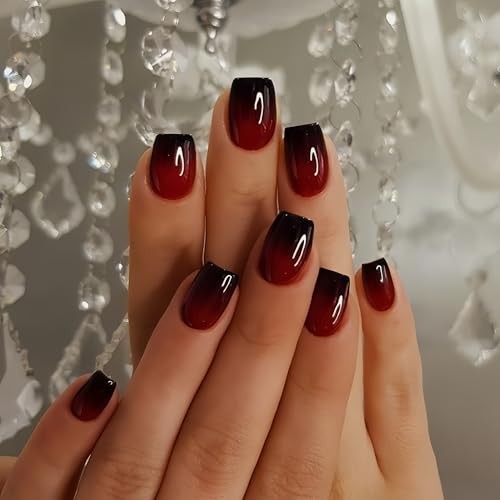 Ombre French Press on Nails Short Square, Dark Red glossy square ombre red