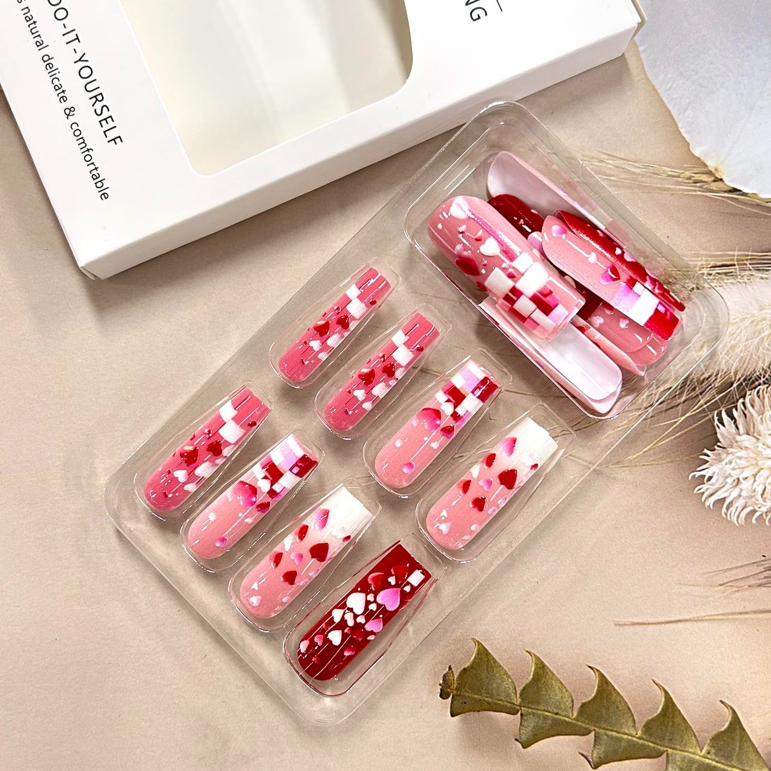Valentines Press On Nails Long Coffin 3D Pink Red Heart Glossy Set