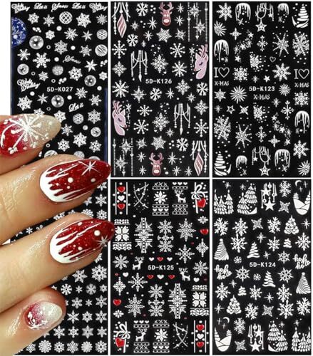 5D Embossed White Snowflake Nail Art Stickers,6 Sheets Engraved Snowflakes