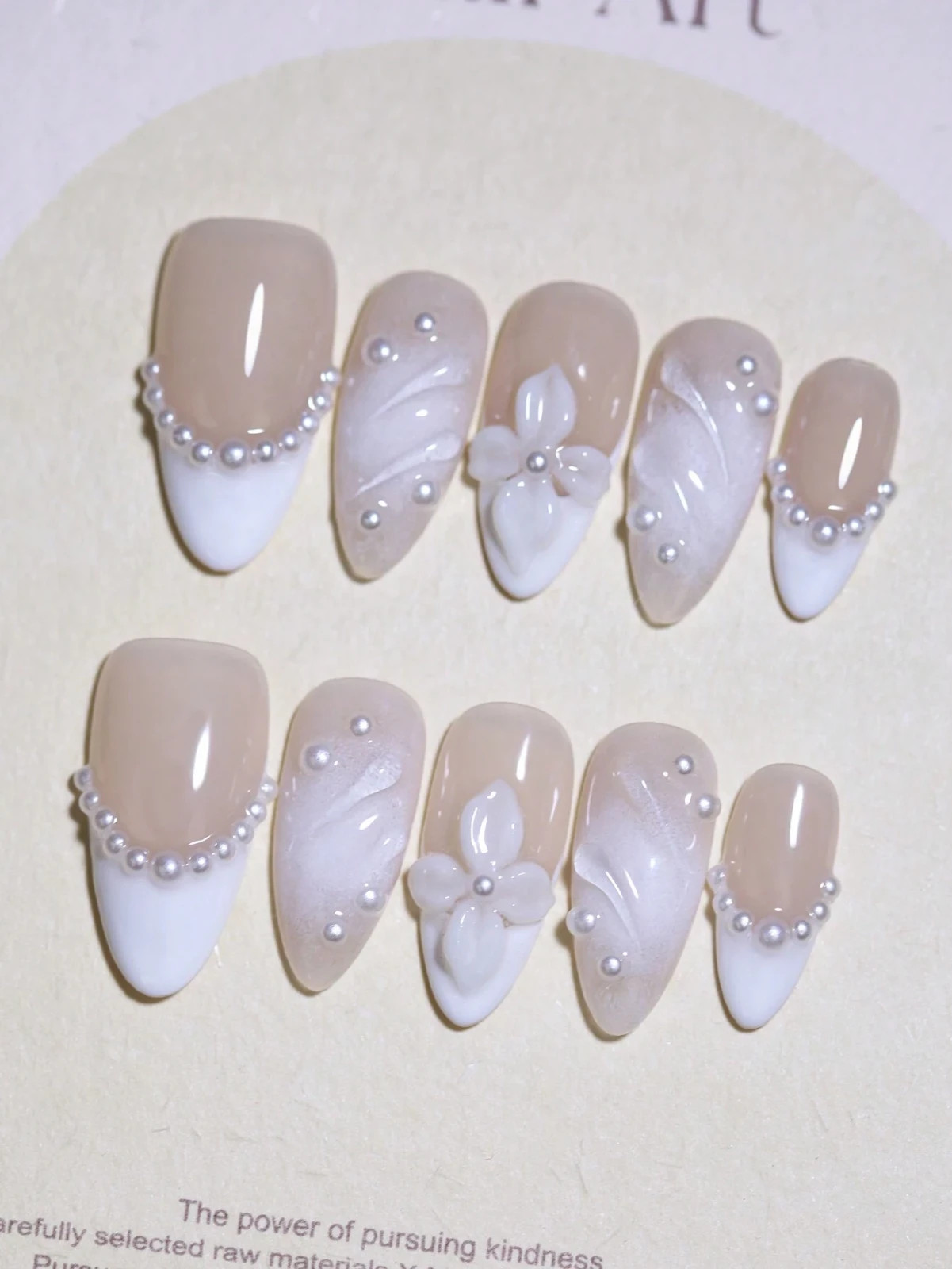 10PCS Handmade Almond Press On Nails White Nude French 3D Floral Wave Reusable