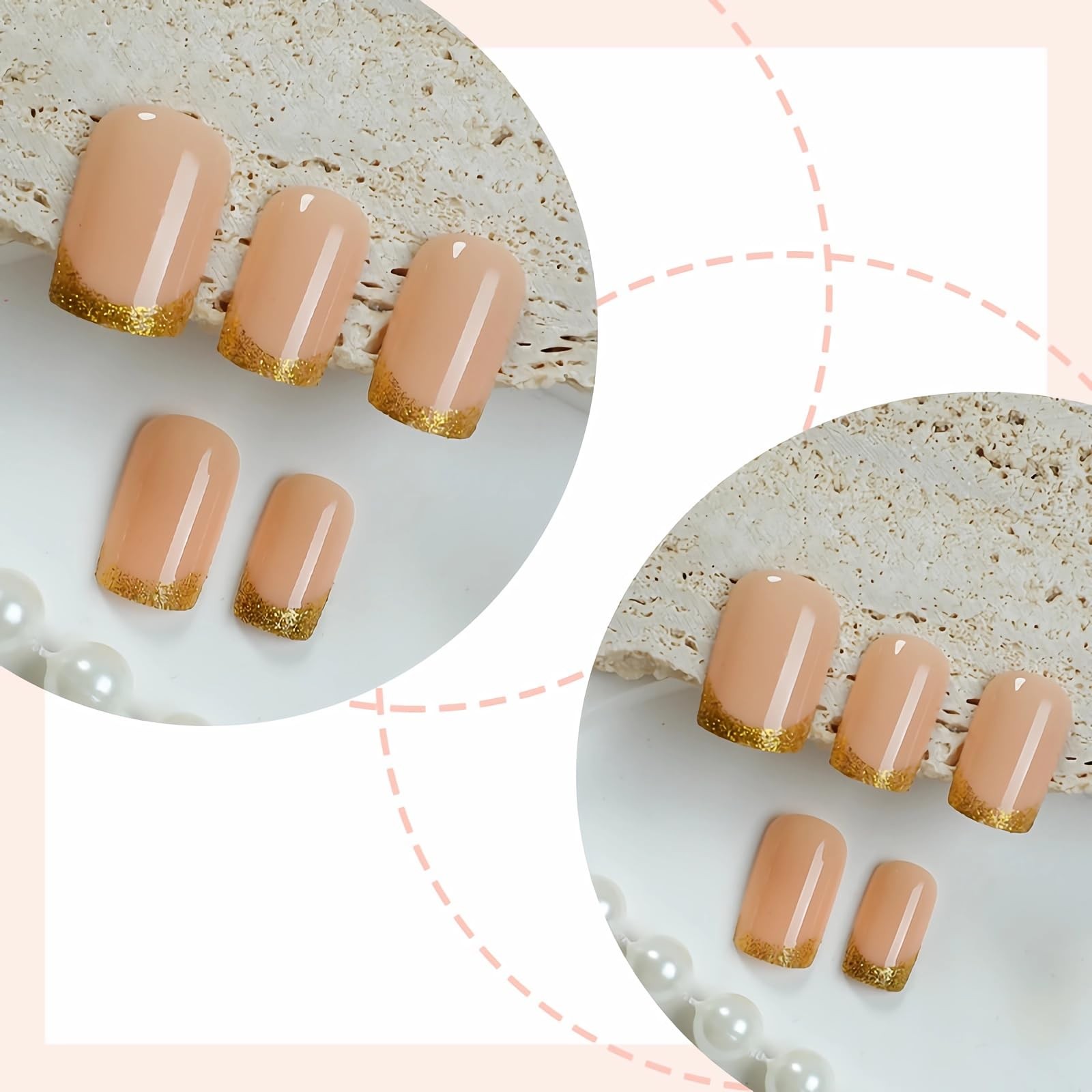 Press on Nails Short Square Fake Nails Supplies Gold Bling Glue ons French Ti…