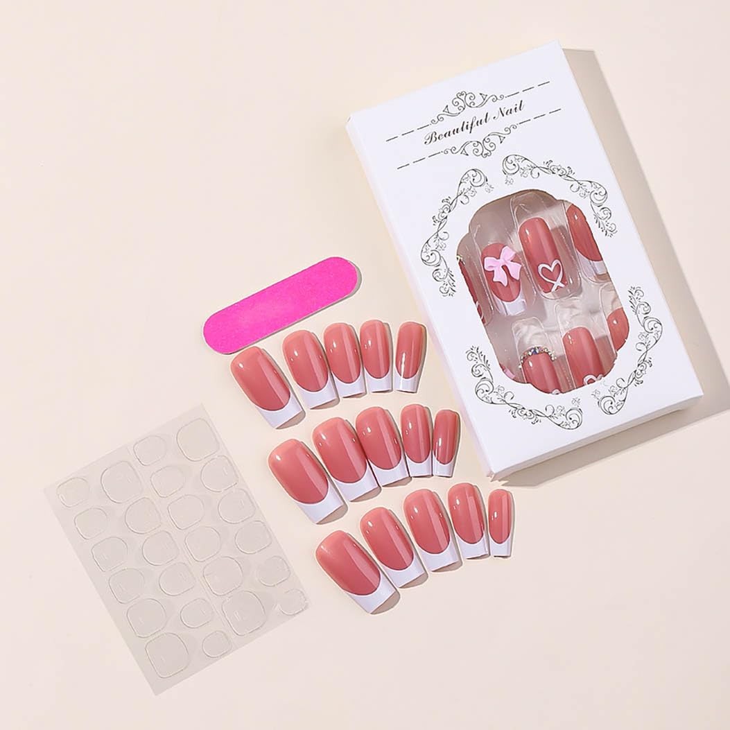 RikView Long Press on Nails Pink Fake French Tips 24 Piece Set,