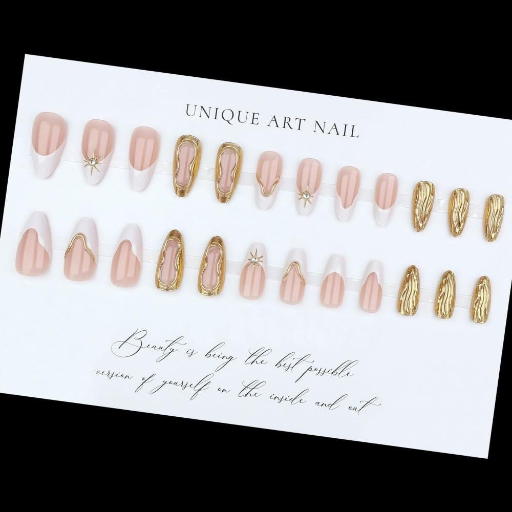 Medium Almond Press on Nails French Tips Nails Press on with 5D Star Charm Desig