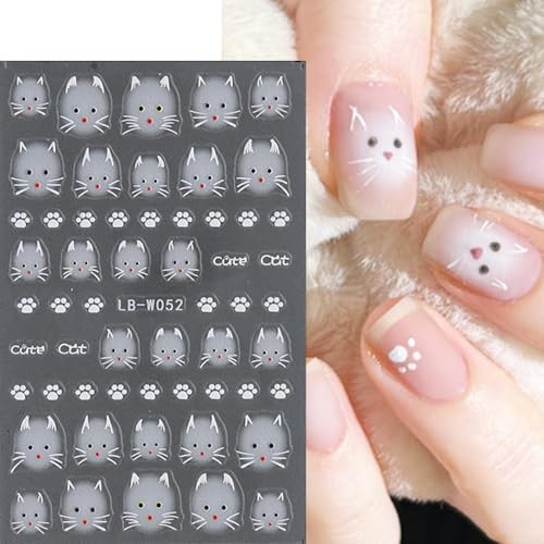 2 Sheets Cute Cat Nail Art Stickers, 5D Embossed Self-Adhesive Colorful W1