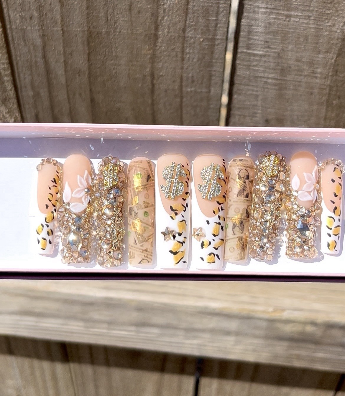 Press On Princess Long Acrylic Gold Bling Press-On Nails w/ Full Application Kit