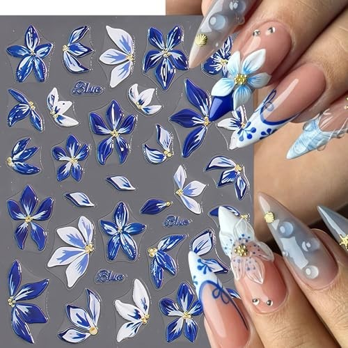 2 Sheets Flower Nail Stickers for Nail Art 5D Embossed Nail Decals blue flowers