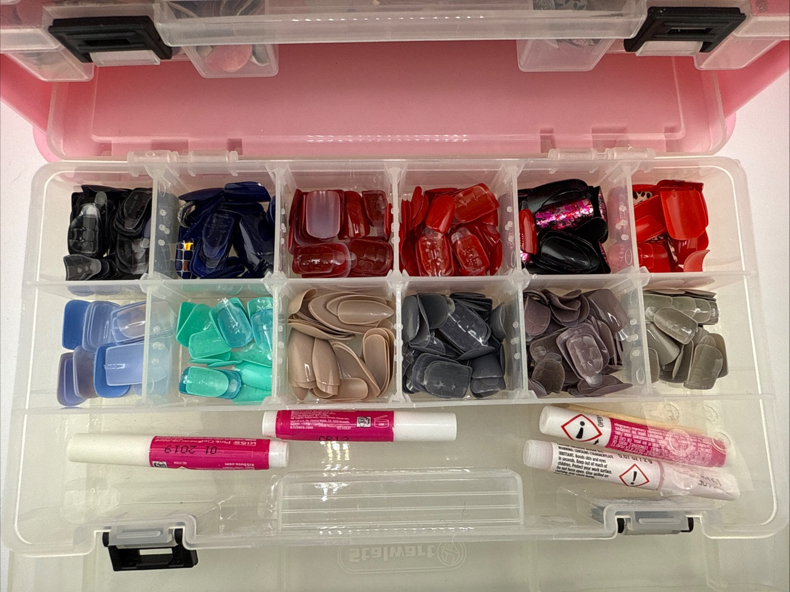 Huge Lot of Mixed Press On Nails w/ Glue, Stickers, & Stalwart 4 Draw Tool Box