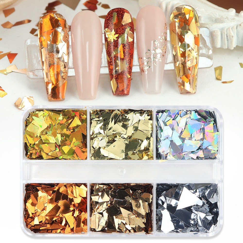 6 Grids Irregular Fragments Nail Glitter Sequins Mixed Colors Flakes Nails Decor