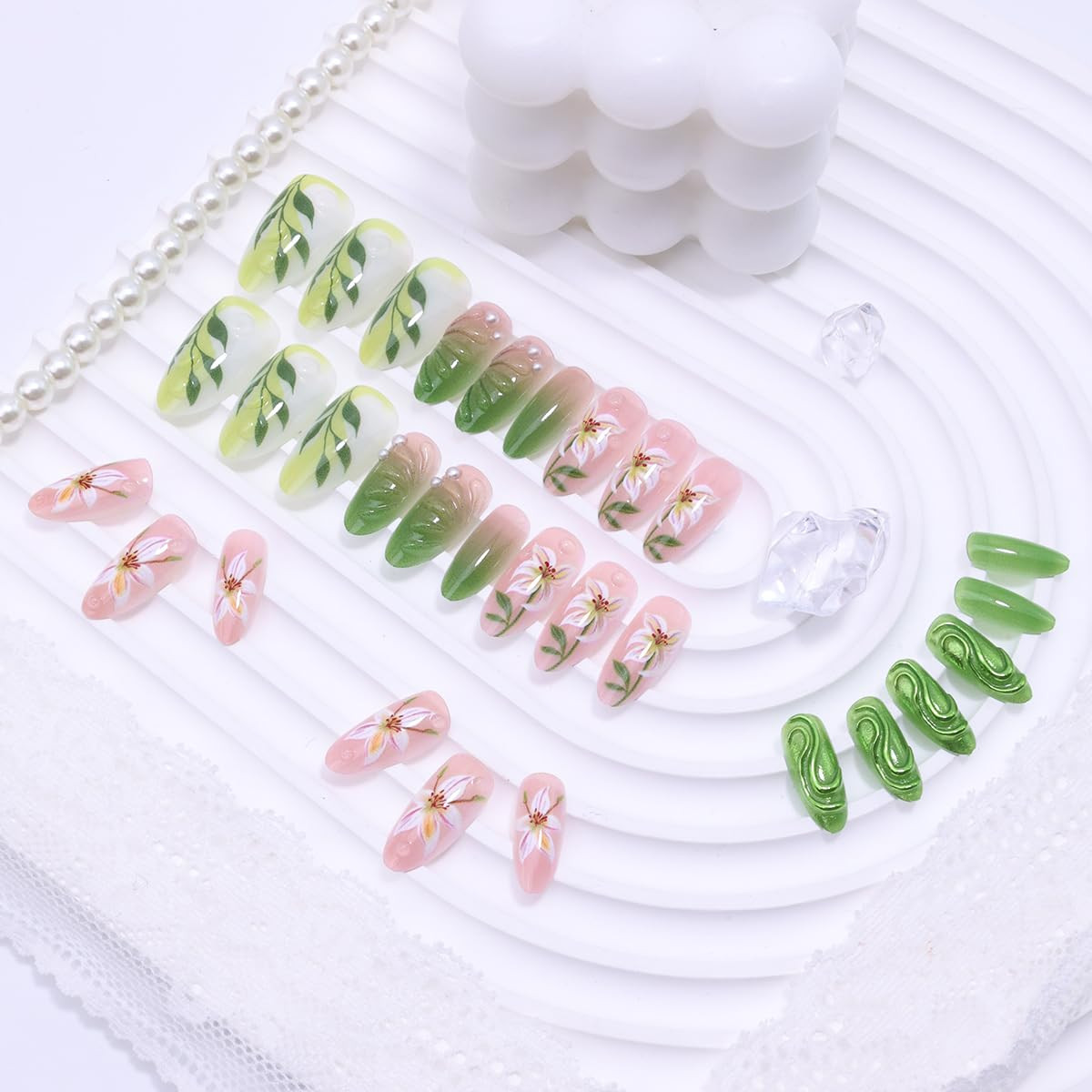 30Pcs Spring Summer Press on Nails Medium Almond Fake Nails with 3D Flower Leaf