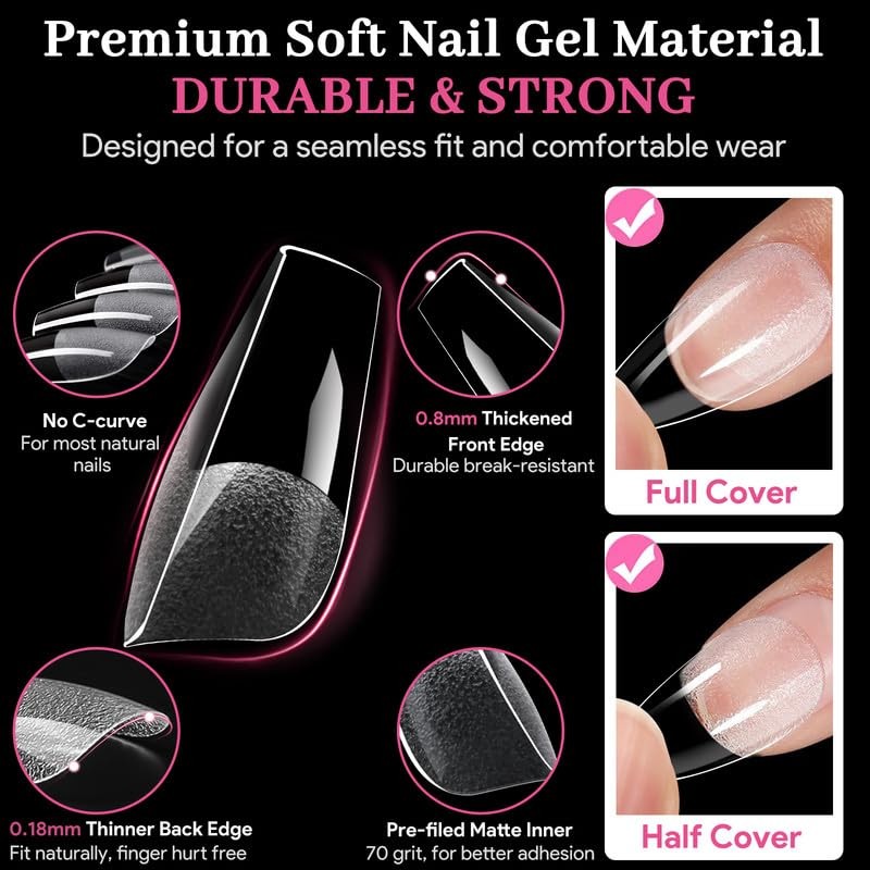 Qiek Medium Coffin Fake Nail Tips, 15 Sizes 240 PCS Clear Half Matte Press On…